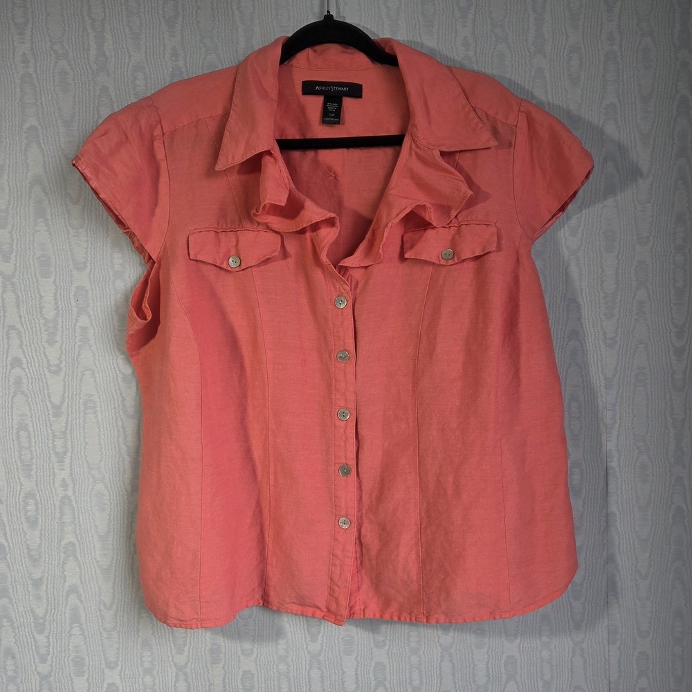 Vtg Ashley Stewart Womens 18W‎ Linen Blend Button Down Ruffle Cap Sleeve Coral
